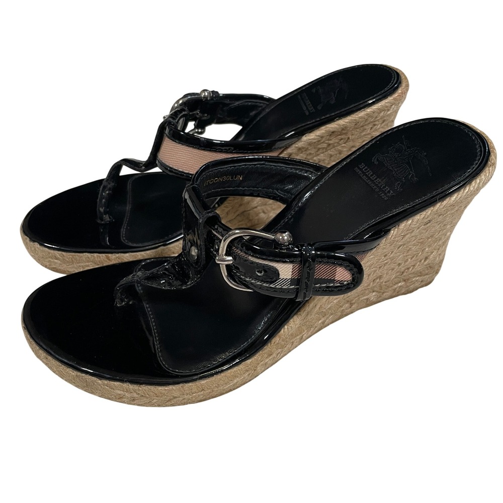 Burberry Nova Check Espadrille Wedge Sandals Black Patent Leather Size 38 7.5